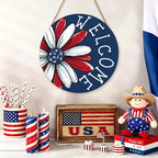 4th of July Decorations Memorial Day Door Sign 12x12 Inch American Patriotic Wood Door Hanger Independence Day Wreath Red White Blue Flower Welcome Hanging Sign for Front Porch Farmhouse Decorations