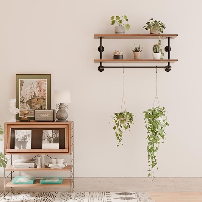 Clothes Rack 42in, Wall Mounted Garment Rack with Real Walnut Wood Shelf, Heavy Duty Hanging Clothes Rack, Multi-Purpose Hanging Rod, Space-Saving Closet Storage