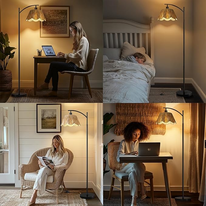 Oneach Boho Rattan Floor Lamp for Living Room, Farmhouse Standing Lamp with Hand-Woven Shade, Black Metal Base & Pole, Foot Switch - Corner Reading Lamp for Bedroom