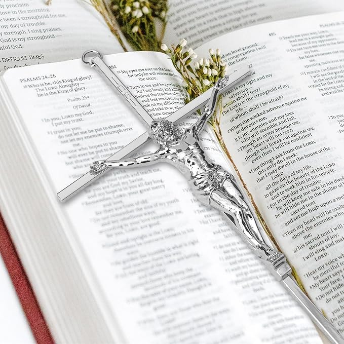 KUXBET Crucifix Wall Cross, Metal Wall Hanging Cross,10inch Silver Jesus Crucifix Home Décor, Gift for Family
