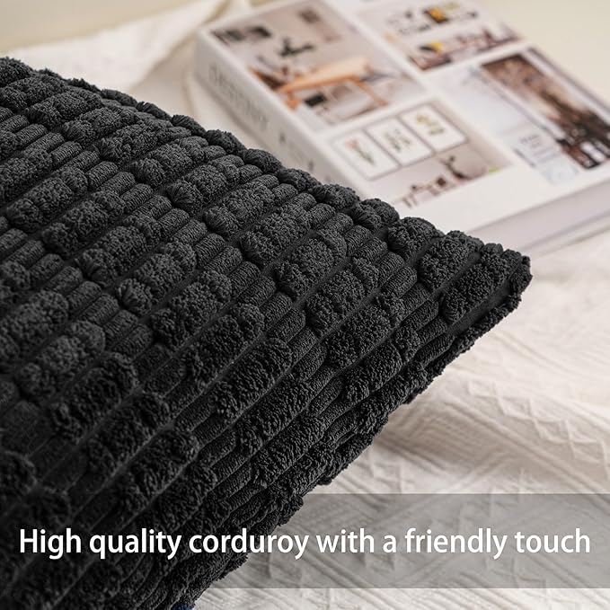 Aegero Pack of 2 Corduroy Decorative Throw Pillow Covers 16x16 Inch Soft Striped Pillow Covers Modern Farmhouse Home Decor for Sofa Living Room Couch Bed（Black）