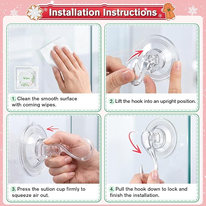 VIS'V Wreath Hanger, Large Suction Cup Wreath Hooks with Wipes, Heavy Duty, 22 LB Capacity, Removable and Reusable, Clear, 4 Pcs