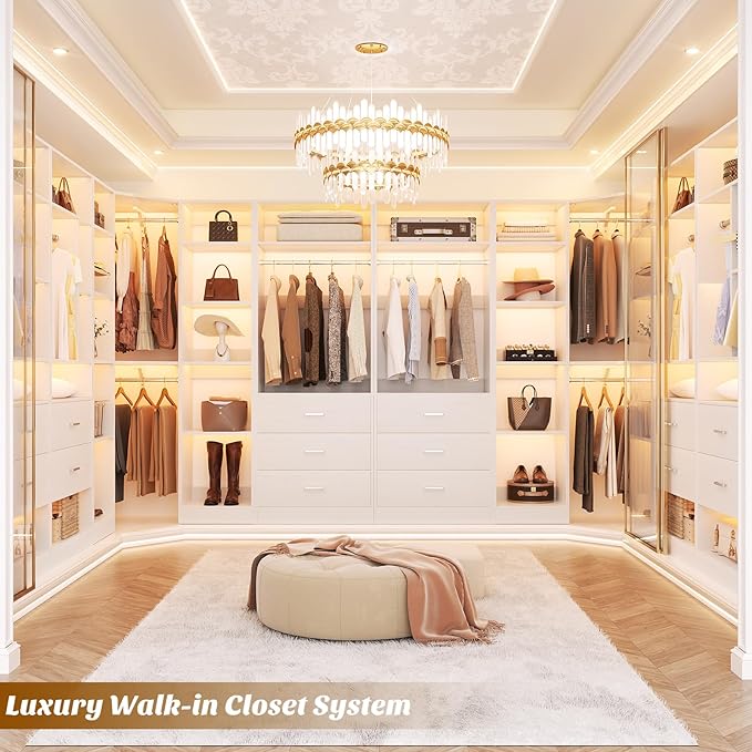 Corner Closet System with 3 Drawers, Corner Closet Organizer System with 13 Shelves & 3 Hanging Rods, 63.2"L * 39.2"W Reversible L Shaped Walk-in Closets, Load 2000+LBS, White