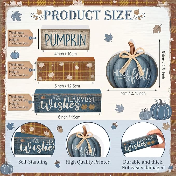 Lineshading 4 Pcs Fall Decoration for Home Wooden Blue Pumpkin Decor Thanksgiving Tiered Tray Decor Fall Centerpiece Rustic Decorative Block Signs Gift Farmhouse Autumn Table Decors for Home Kitchen