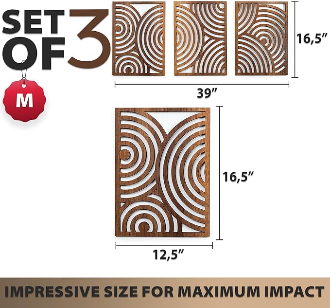 qmmp Modern Wooden Wall Sculptures - Set of 3 - Home Decor Accent - Large Wall Art for Living Room, Bedroom, Office - Easy Installation (Walnut, Medium - Orbit)
