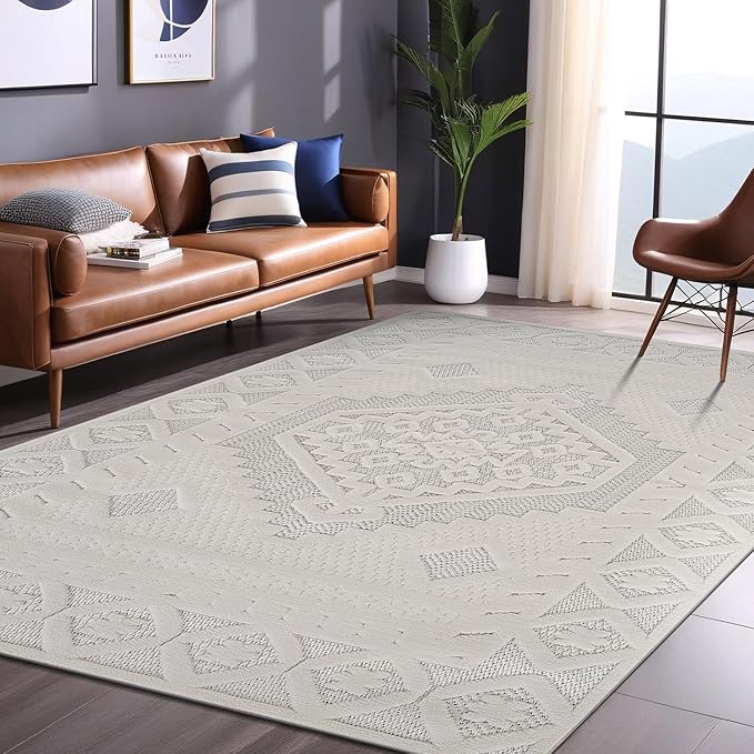 Modern Micro Loop Indoor Area Rugs for Living Room Bedroom Kitchen Geometric Trellis White 4x6 Luxury Durable Low and High Pile Non-Shedding Stain Resistant Soft Area Carpet 4 x 6