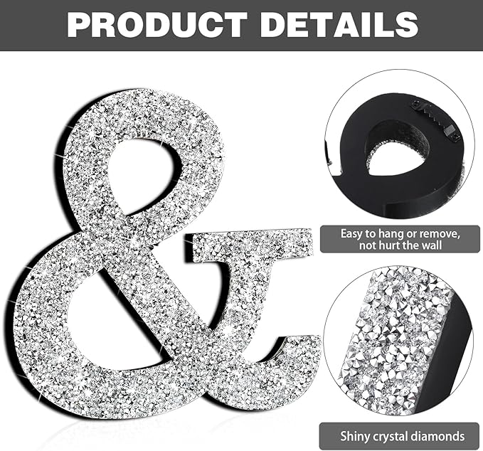 Qunclay 12'' Silver Crystal Diamond Bling Letters Crushed Diamond Decoration Wooden Glitter Letter with Screw and Hooks Rhinestone Gift for Wedding Y2k Mcbling Bedroom Wall Decor (Symbol)