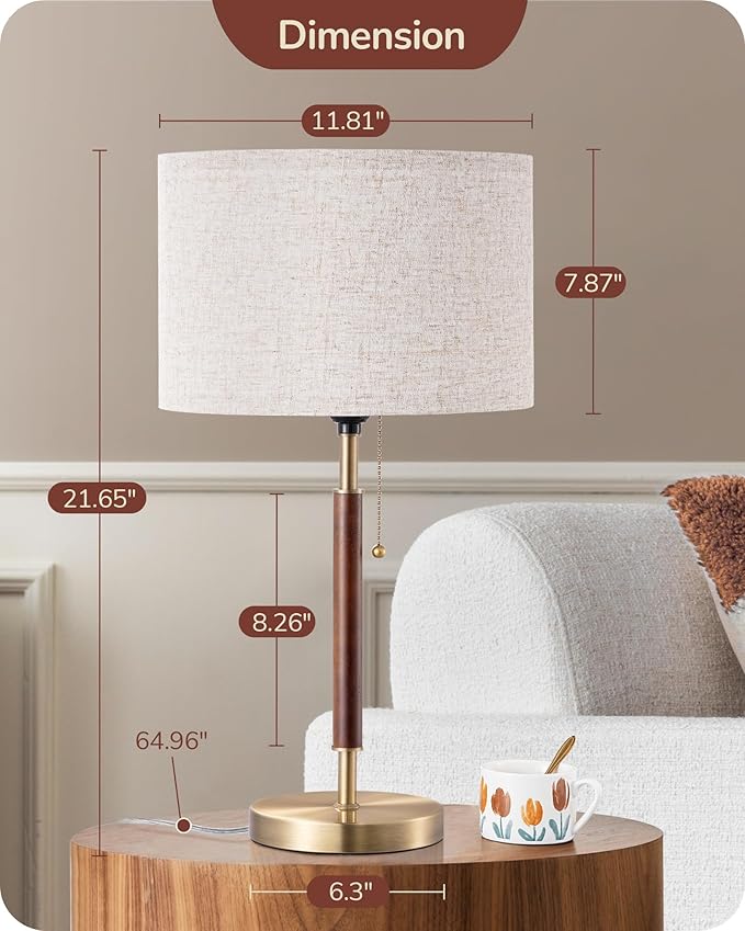 EDISHINE Mid Century Table Lamp, Bedside Lamp with Pull Chain Switch, Solid Wood & Metal Pole, Modern Nightstand Table Lamp for Living Room, Bedroom, Office, Frosted Bronze & Wood Finish