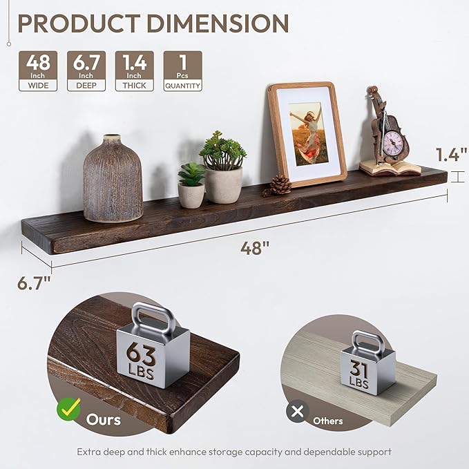 Marsmiles 48 inch Floating Shelves for Wall Solid Elm Wood Wall Mounted Shelves|Rustic Long Floating Shelves with Invisible Bracket for Bathroom Kitchen|Rounded Edge|Walnut, 1 Pack