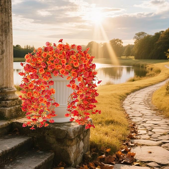 Fake Fall Hanging Flowers Artificial for Outdoor Decoration, 2 PCS Autumn Silk Faux Flowers Morning Glory with Eucalyptus Leaves, Realistic Hanging Plants for Wedding Home Office Garden Decor, Mix