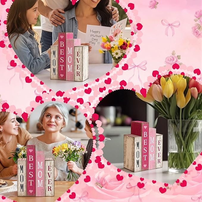 Lineshading 4 Pcs Mothers Day Table Decoration Wooden Book Pink White Tiered Tray Decor Happy Mother's Centerpieces Mom Gifts from Daughter Son for Home Shelf Indoor Party Decoration
