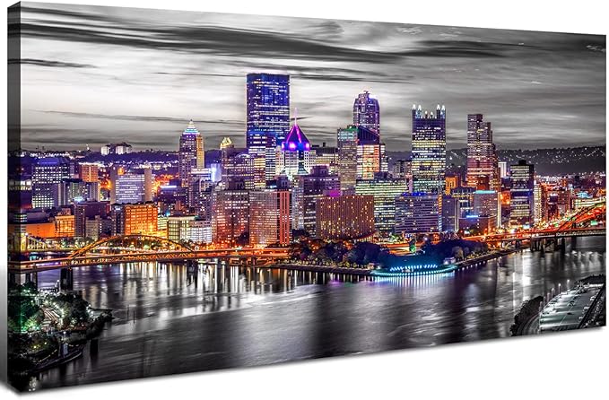 Large Pittsburgh Wall Art Black and White City Skyline Wall Decor for Living Room Office Decor Pennsylvania Night Cityscape Canvas Prints Modern Skyscraper Panoramic for Bedroom Home Decoration 24x48"