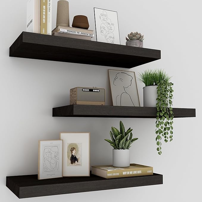 Upassion Floating Shelves for Wall Set of 3, 16" Black Wall Shelves for Home Decor, Frame Display Floating Shelf for Living Room, Bedroom, Bathroom, Kitchen