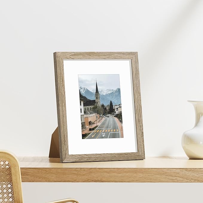 Vittanly 8x10 Picture Frames Set of 9, Shatter Resistant Plexiglass, Display 5x7 Pictures with Mat or 8x10 without Mat, Photo Frames for Wall or Tabletop, Engineered Wood, Light Wood