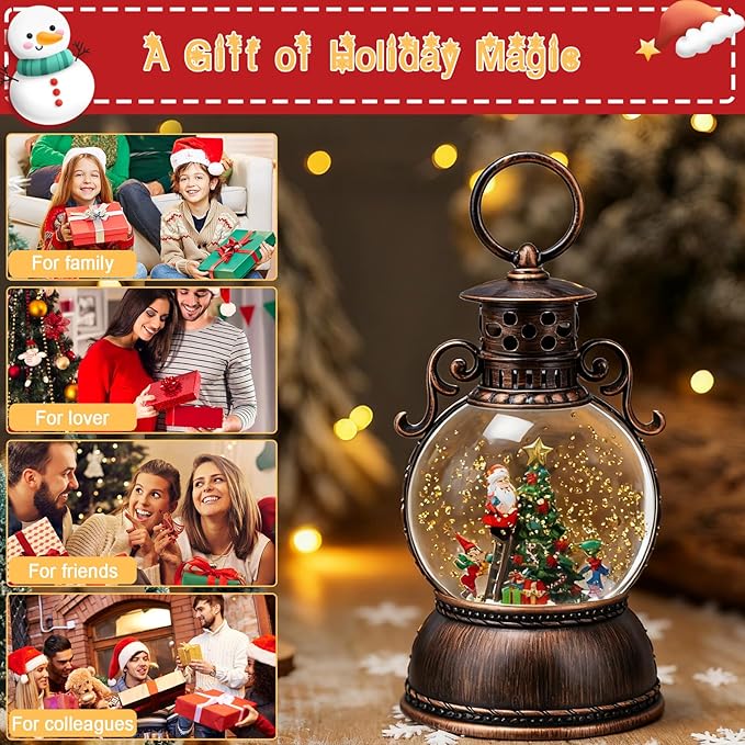 Christmas Snow Globe Lantern - Lighted Musical Water Globes with 6H Timer, Glittering Swirling Santa & Gnomes Scene, Battery/USB Powered Holiday Decoration for Indoor Christmas Decor & Gifts