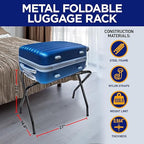 Lifemaster Metal Luggage Rack - Pack of 4 Foldable, Easy Assembly, Space Saving, and Stylish Steel Frame Guest Suitcase Stands with Nylon Straps - Black