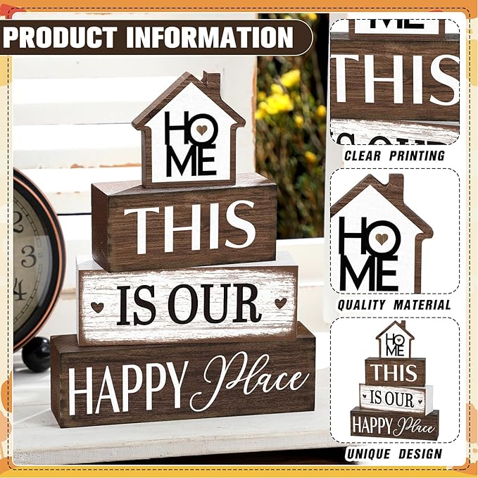 Cinnvoice 4 Pcs Farmhouse Tabletop Decor Rustic Family Blessed Home Table Centerpiece This Is Us Sign for Kitchen Shelf Desk Fireplace Mantel Tiered Tray Decor(Home This is Our Happy Place)