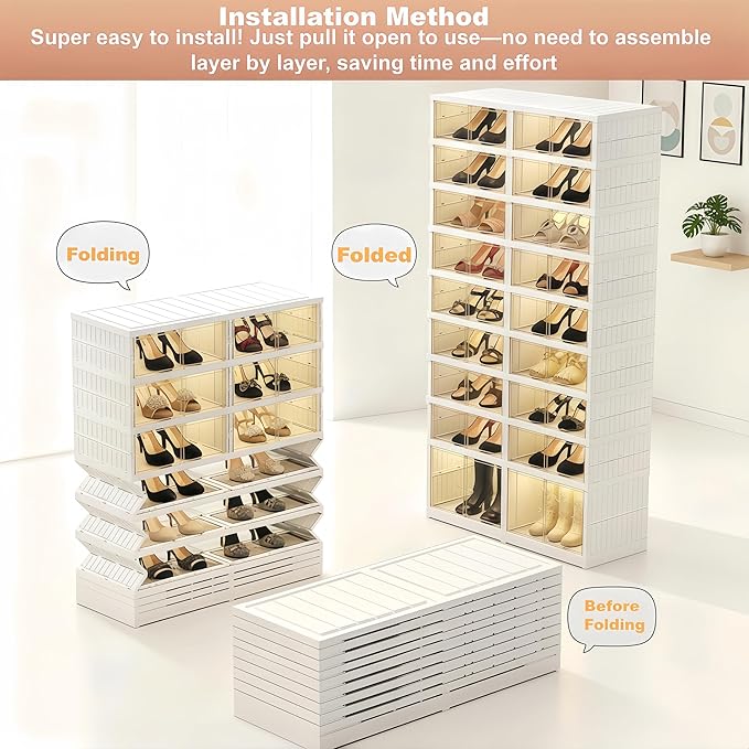 Elayce Nine-Layer Shoe Rack, Foldable Storage Box, Transparent Magnetic Door, no Installation Required, entryway Closet in White