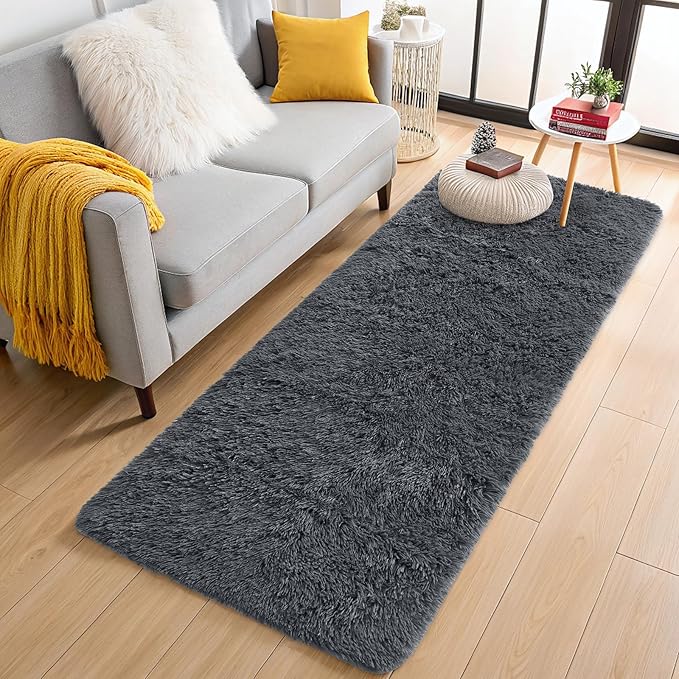 OLANLY 2x7 Machine Washable Runner Rugs for Hallway, Soft Fluffy Shaggy Bedside Rugs for Bedroom, Living Room, Indoor Floor Carpet for Kids Girls and Boys, Nursery Rooms, Home Decor Aesthetic, Grey