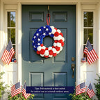 Patriotic Wreath 18 Inch American Flag Wreath for Front Door, Americana Plush Ball Red White and Blue with Stars Decor for 4th of July Memorial Day Veterans Day