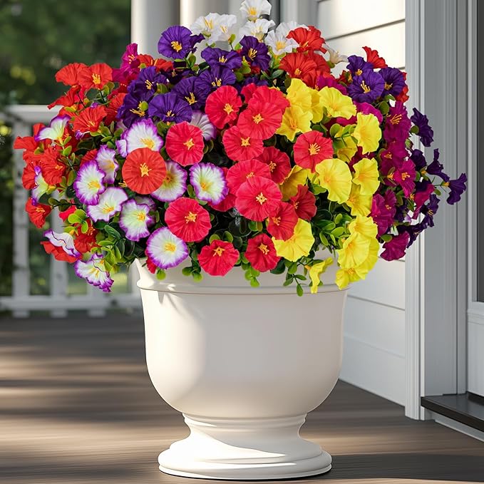 Lnoicy Artificial Flowers for Outdoor 14 Bundles Eucalyptus Fake Flowers for Planter,UV Resistant Fake Morning Glory for Home/Porch/Garden Decoration（7 Color）