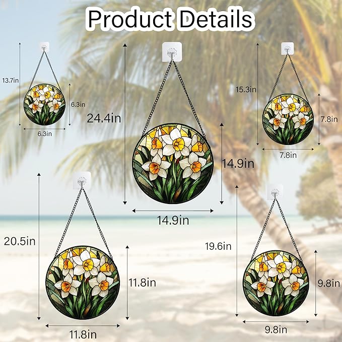 Stained Glass Window Hanging, Yellow and White Daffodils Sun Catcher for Door Home Decor Plants Flowers Suncatcher Christmas Mother's Day Birthday Gifts for Women Men Mom Nana 9.8 in