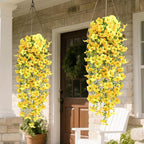 Waipfaru Artificial Petunias Flowers for Outdoors, 4 Pcs UV Resistant Fake Hanging Plants Spring Outside Decor, Faux Silk Flowers Long Trailing Vines for Outdoor Planters Porch Garden (Yellow)