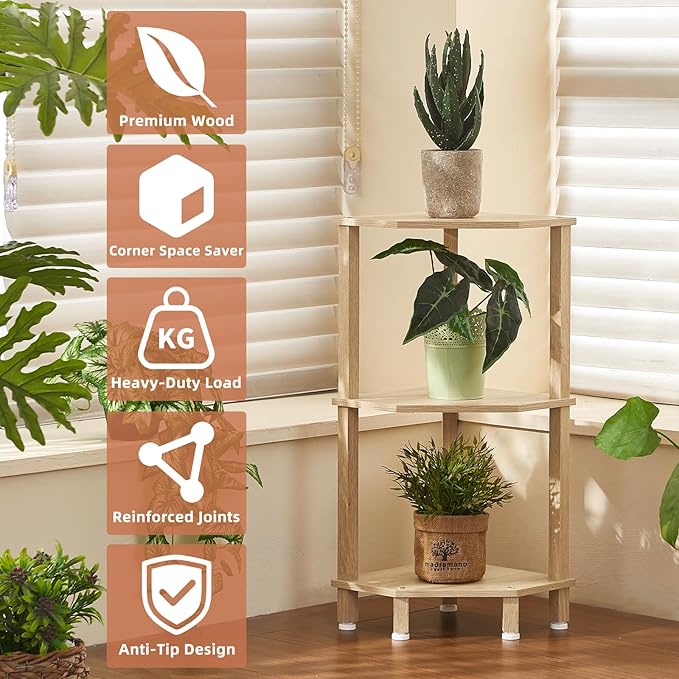 YUFAM 3-Tier Corner Shelf with Sturdy 5-Leg Base, Wooden Corner Bookshelf for Small Spaces, Small Corner Table for Living Room, Bedroom, Bathroom, Natural
