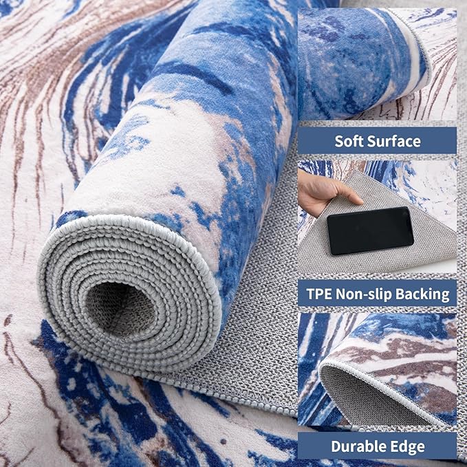 Ciicool 2x6 Washable Runner Rug, Modern Abstract Swirl Soft Hallway Rugs Runner, Non-Slip Thin Accent Rug Lightweight Blue Brown Print Distressed Carpet for Laundry Entryway Bedroom Kitchen Indoor