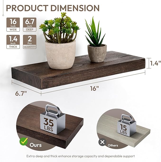 Marsmiles 16 inch Floating Shelves for Wall Solid Elm Wood Shelves|Rustic Wall Shelves with Heavy-Duty Invisible Bracket for Bathroom Living Room Kitchen|Walnut, 2 Pack