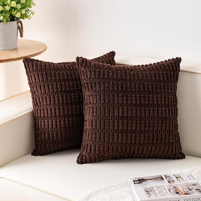 Aegero Pack of 2 Corduroy Decorative Throw Pillow Covers 20x20 InchSoft Boho Striped Pillow Covers Modern Farmhouse Home Decor for Sofa Living Room Couch Bed（Dark Brown）