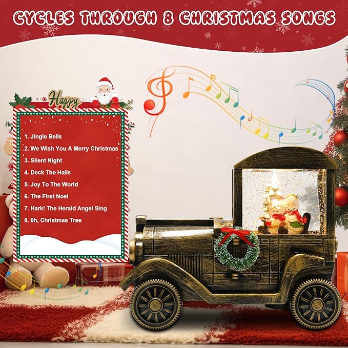 Christmas Snow Globe Lantern Truck Water Glittering Globe with Snowman 8 Music Songs Christmas Snow Globes USB & Battery Operated for Christmas Festival Decorations Gifts (Truck-Snowman)