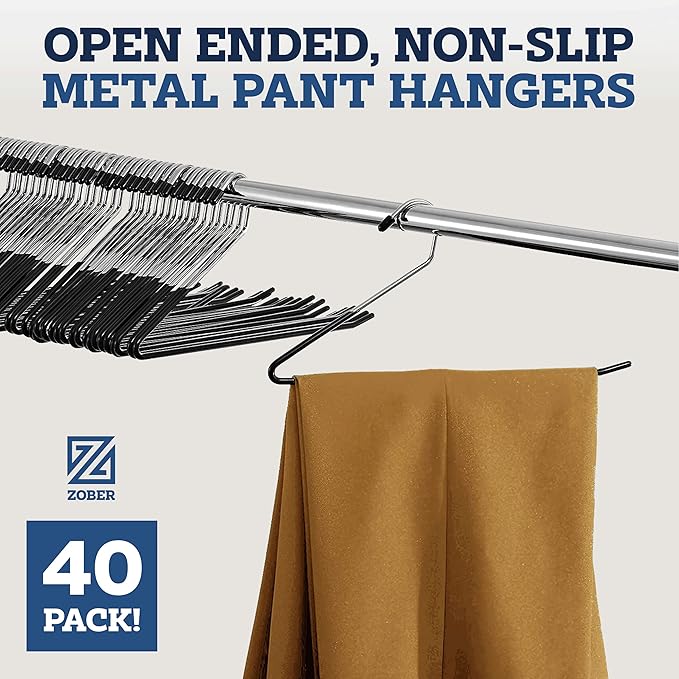 Zober Non-Slip Pants Hangers - 40 Pack Open Ended for Jeans and Clothes - Space Saving, Strong, Durable Metal Hangers for Closet (Black)