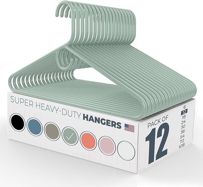 Neaties Super Heavy Duty Clothes Hangers 12 Pack – Made in the USA - 10lb Capacity, Thick Plastic Hangers for Pants, Coats, Jackets, Jeans and Adult Clothing – Mint