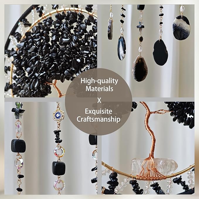 Tree Life Dream Catcher and Sun Catcher, Handmade Healing Crystal Boho Window Hanging for Home Decor, Rainbow Maker Wall Decor, for Women, Housewarming (Black)