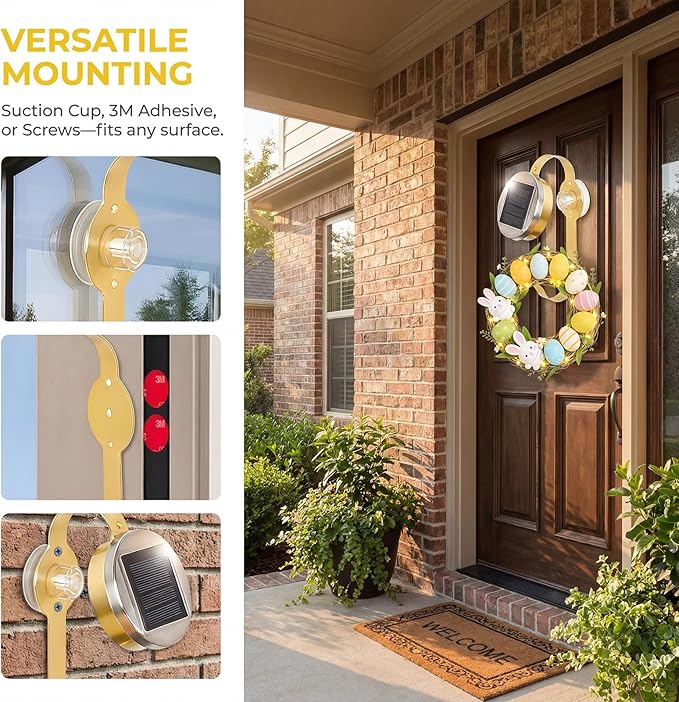 Solar Easter Wreath Hangers for Front Door with LED Lights, Compatible with Lighted Wreaths,Holiday Decorations. Large Suction Cup Metal Hook for Glass Window Outdoor Porch