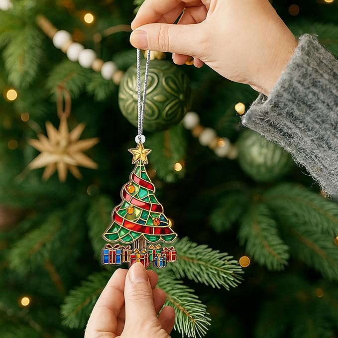 2025 Christmas Ornaments, Christmas Tree Ornaments Acrylic, Faux Stained Glass Effect White Elephant Gifts Exchange, Unique Suncatcher Xmas Stocking Stuffers for Women, Men (Gift Tree)