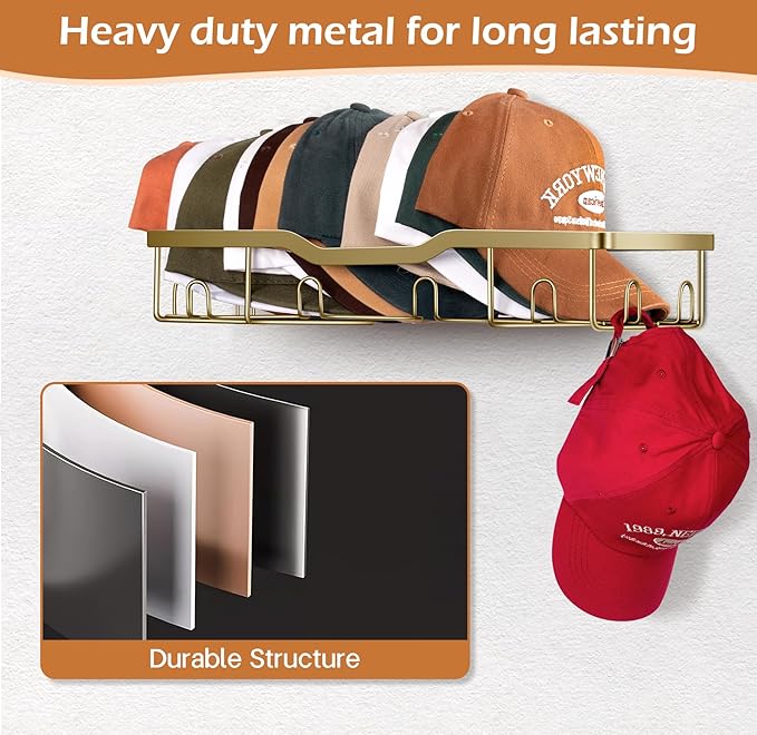 KEETDY Metal Hat Organizer for Baseball Caps Wall Hat Rack Fit 48 Caps Holder, 2 Packs Sturdy Wall Mounted Hat Storage Organizer, Gold