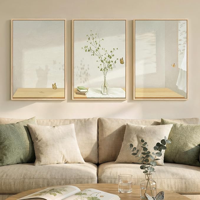 Framed Botanical Neutral 3 Piece Wall Art for Living Room, Minimalist Butterfly Sunshine Canvas Artwork for Walls, Peaceful Sill Life Illustration Print Bedroom Dining Room Office Wall Decor, 16x24 In