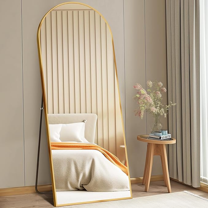 DUMOS 64"x21" Arched Full Length Floor Mirror, Full Body Mirror with Stand, Shatterproof Tempered Glass, Modern Aluminum Alloy Frame, Free Standing or Leaning for Home Decor, Gold