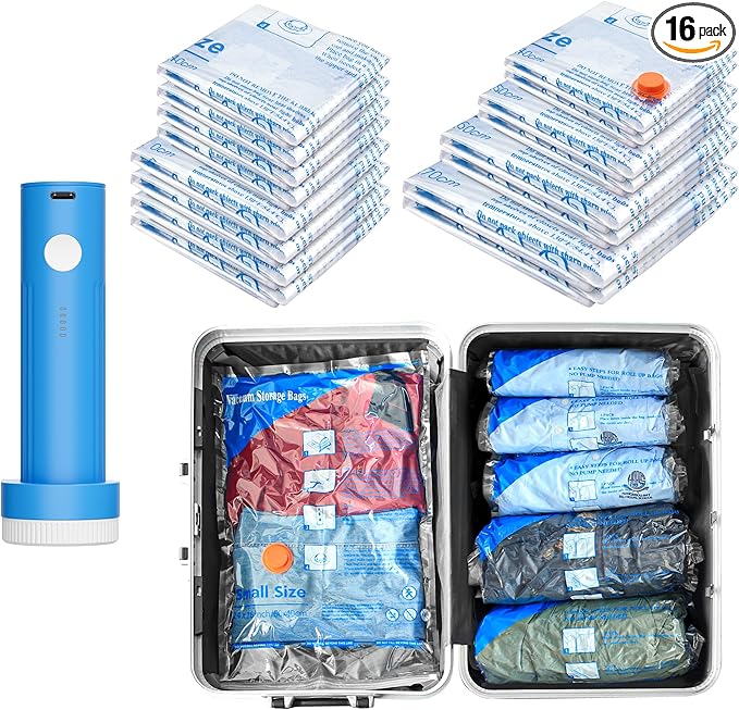 MEIQIHOME Vacuum Storage Bags, Space Saver Sealer Bags,Vacuum seal bags for clothing, Pillows, Comforters, Blankets, Bedding,16 Combo Epump