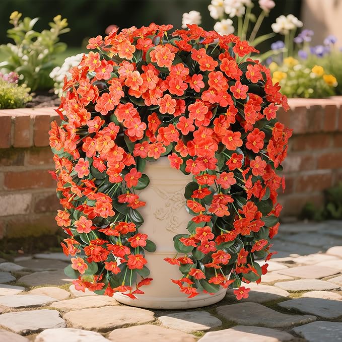 Artificial Fake Fall Hanging Flowers Plants for Outdoor Outside, 2PCS Faux Silk Orange Daisy Mums Trailing Vines UV Resistant Realistic Orchid for Autumn Front Door Porch Planter Patio Garden