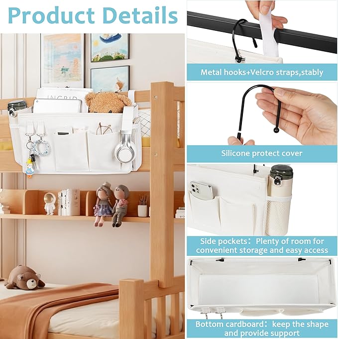 Loghot Bedside Caddy/Bedside Storage Bag Hanging Organizer for Bunk and Hospital Beds,Dorm Rooms Bed Rails,Can be Placed Glasses,Books,Mobile Phones,Keys (White)