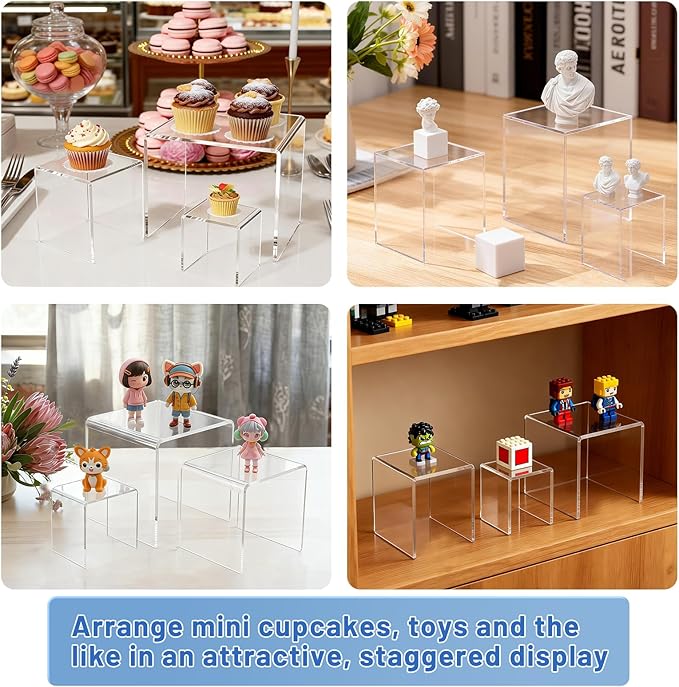 Aheroi Acrylic Risers, 6Pcs 2Set(3"*4"*5") Display Risers Display Stands, Small Square Risers Display Stands for Figures, Cupcake Tier Stand for Wedding Party, Food Statue Candy Acrylic Dessert Display Shelf