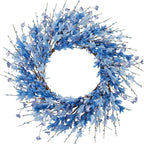24 Inch Artificial Blue Forsythia Flower Wreath, Silk & Paper Bridal Floral Wreath for Front Door, Elegant Beach Nautical Themed Wedding & Spring Summer Decor, All Season Farmhouse Porch Wall Decor