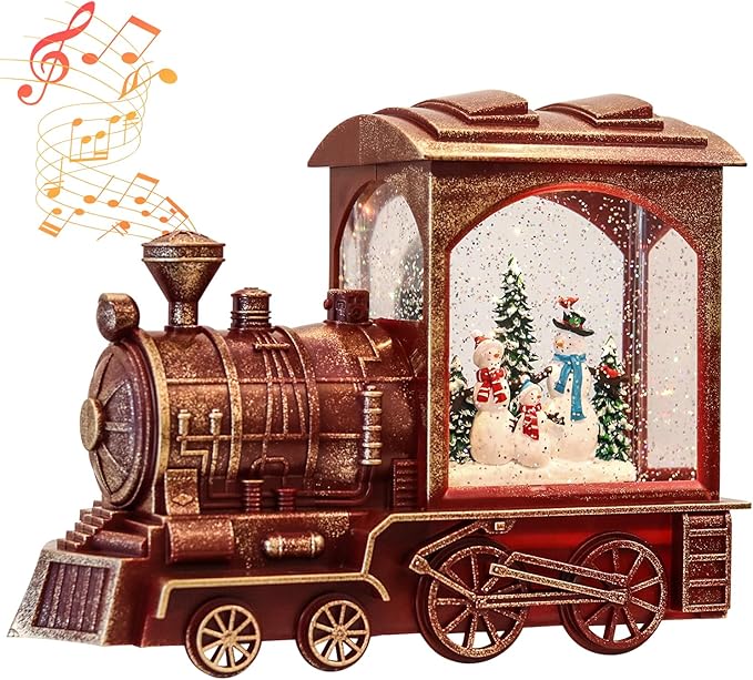 Musical Christmas Snow Globe Lantern Battery Operated with 6 Hour Timer Spinning Water Red Train Singing Lighted Snow Globe Lamp Holiday Decoration Gift(Snowman, 10.6 x 4.3 x 8.3 Inches)