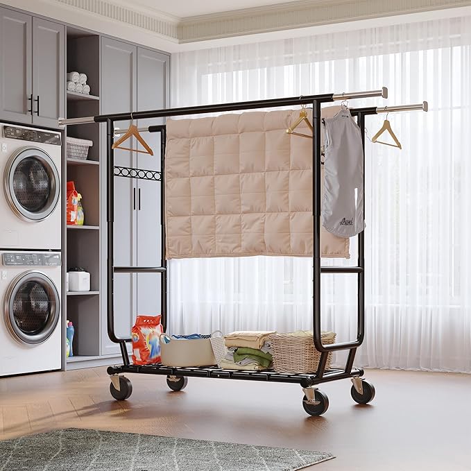 Raybee Clothes Rack Load 630LBS, Heavy Duty Clothes Rack, Rolling Clothing Racks for Hanging Clothes with Wheels, Adjustable & Commercial Garment Rack, 22" D x 75" W x 68" H, Black