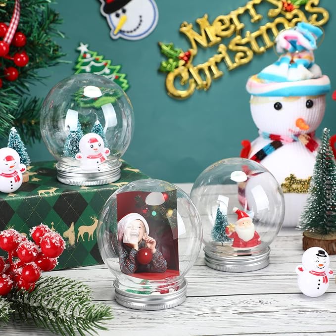 Jerify 16 Sets 3.58 Inch Christmas Plastic Clear Snow Globes Kit Water Globe with Screw Off Cap Artificial Christmas Trees Small Snowman Snowflakes for DIY Snow Globes Home Decoration Crafts