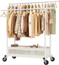 Clothes Rack, Double Rods Clothing Rack, Clothing Racks for Hanging Clothes, Rolling Clothes Rack with Storage Basket & Heavy Duty Wheels, Garment Rack for Bedroom, Laundry Room, White