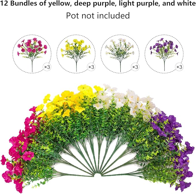 12 Bundles Morning Glory Artificial Flowers for Outdoor Decoration UV Resistant Fake Plastic Plants Artificial Greenery for Indoor Outdoor Garden Patio Window Box Home Decor
